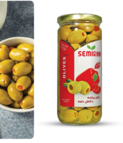سمیران زیتون شیشه ای بامغز فلفل دلمه 450گرمی 12عددی مصرف کننده3،980،000